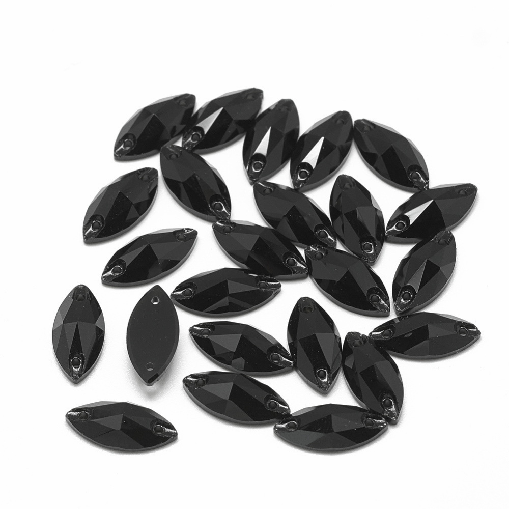 Cristale rhinestone ochi de cal, negre, de cusut, cu 2 orificii, 15x7x4mm 1 buc