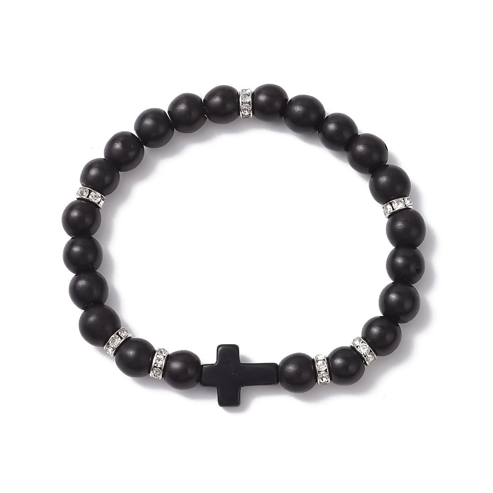 Bratara turcoaz negru de 8mm si cruce 16x13x4mm, pe elastic, diametru 5.5cm  1 buc