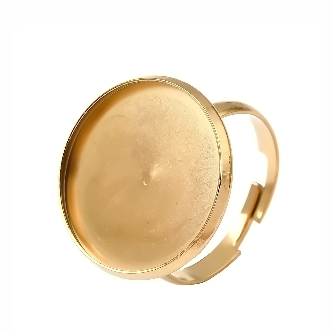 Baza inel, otel inoxidabil 304, IP(placat cu ioni),  placat cu aur 18K, reglabil, interior 18mm, pt. cabochon 20mm 1 buc