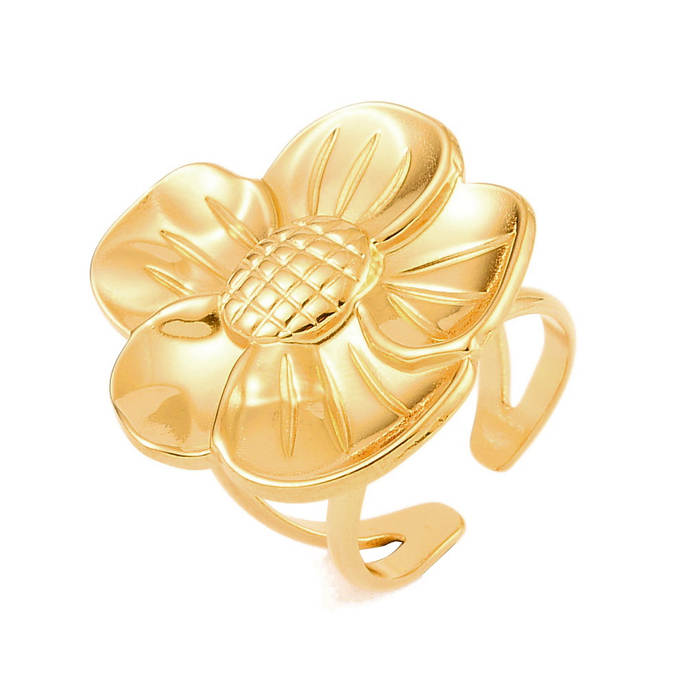 Inel otel inoxidabil 304, IP(placat cu ioni) cu aur 18K, reglabil, floare 29x26mm 1 buc