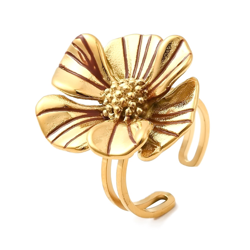 Inel otel inoxidabil 304, IP(placat cu ioni) cu aur 18K, reglabil, floare 25x24mm 1 buc