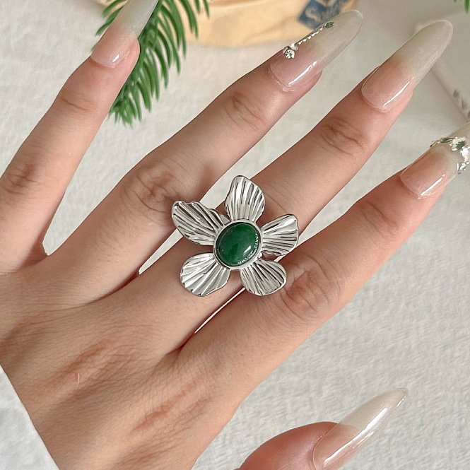 Inel otel inoxidabil 304, ajustabil, floare cu cabochon chalcedonia 1 buc