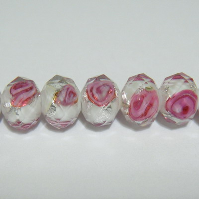 Margele sticla, lampwork, albe, fatetate, 8x6mm
