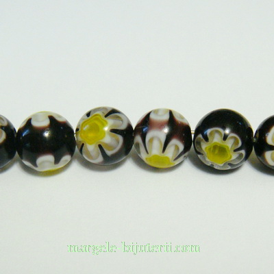 Margele millefiori negre cu galben 8mm