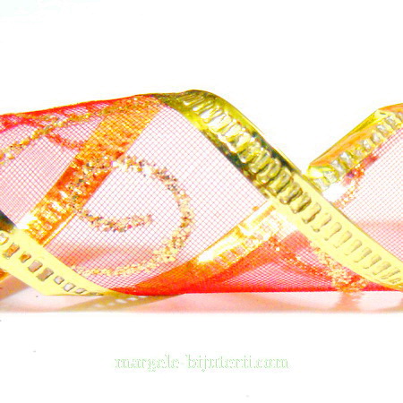 Panglica ribbon rosie cu lurex auriu, 24mm