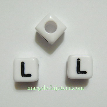 Margele alfabet, plastic alb, cubice 8x8x8mm, litera L