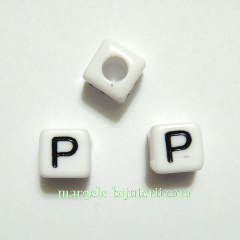 Margele alfabet, plastic alb, cubice 8x8x8mm, litera P 1 buc