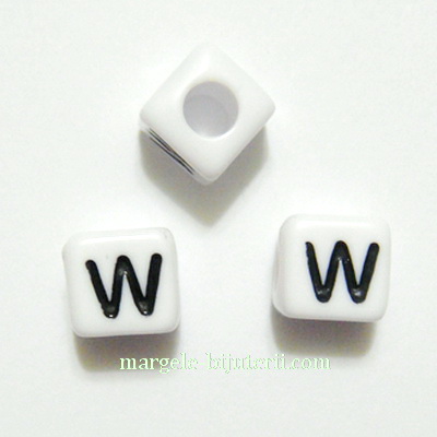 Margele alfabet, plastic alb, cubice 8x8x8mm, litera W 1 buc