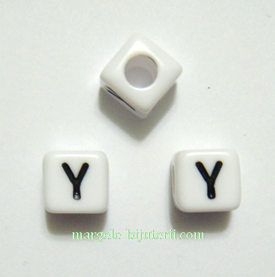 Margele alfabet, plastic alb, cubice 8x8x8mm, litera Y