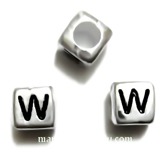 Margele alfabet, plastic argintiu, cubice 6x6x6mm, litera W 1 buc