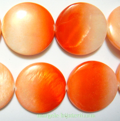Perle plate, sidef alb cu portocaliu, 20x3mm