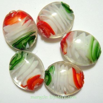 Margele sticla, lampwork, cu interior spirala verde-alb-rosu, 22x18x9mm