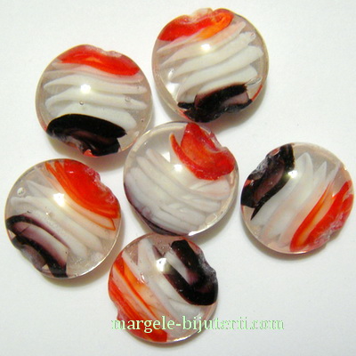 Margele sticla, lampwork, cu interior spirala mov-alb-rosu, 20x10mm