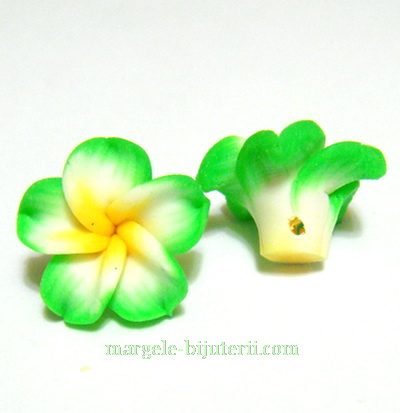 Margele polymer, floare plumeria verde cu 5 petale, 15x9mm 1 buc
