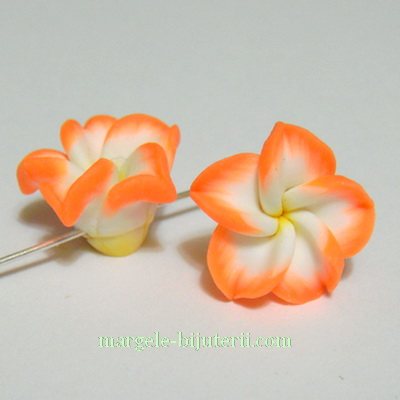 Margele polymer, floare plumeria portocalie, cu 5 petale, 15x9mm