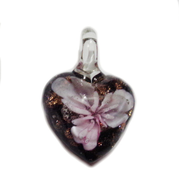 Pandantiv Murano negru cu floare roz, inima 27x20x11mm-bule de aer in interior