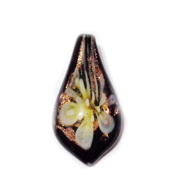 Pandantiv Murano negru cu floare galbena, lacrima 33x18x10mm