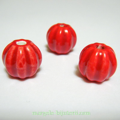 Margele portelan, rosii, gravate, 13mm