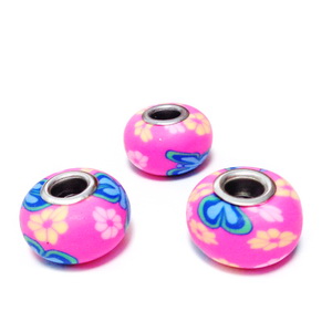 Margele tip Pandora din fimo, fucsia cu flori albastre si portocalii, 10x16mm