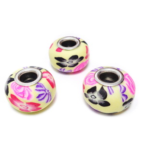 Margele tip Pandora din fimo, galbene cu flori multicolore, 10x16mm