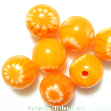 Margele rasina, portocalii cu floricele albe, 12mm 1 buc