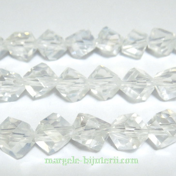 Margele sticla, cubice, transparente AB, orificiu pe diagonala, 8x8x8mm