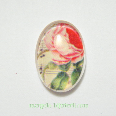 Cabochon oval din sticla, cu interior trandafir rosu, 18x13x6mm
