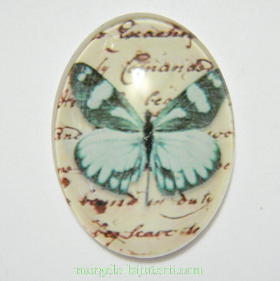 Cabochon oval din sticla, fluturas bleu, 40x30x9mm