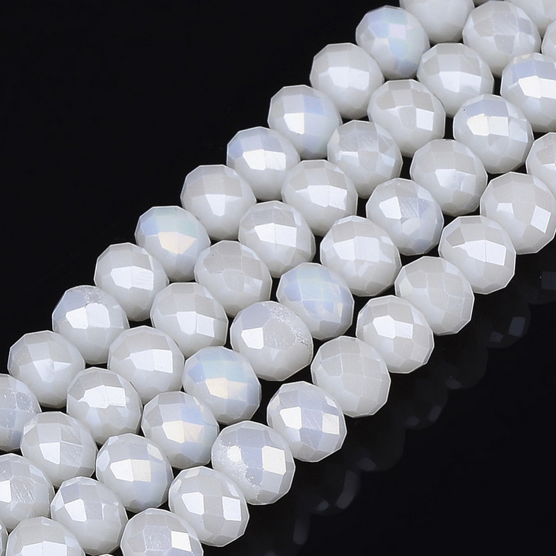 Margele sticla, albe, fatetate, electroplacate, 6x5mm 1 buc